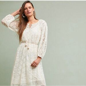 Anthropologie Women Cream Floral Embroidered Lace & Crochet Midi Dress Size PXS